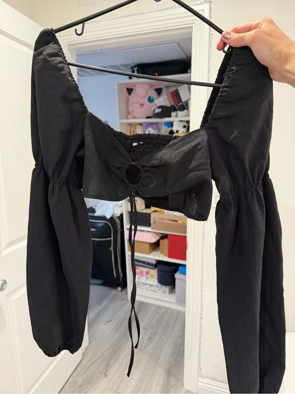 ASOS Black Long Puff Sleeve Cropped Tie-Front Top